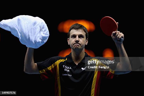 Timo Boll of Germany competes during Men's Team Table Tennis semifinal match against team of China on Day 10 of the London 2012 Olympic Games at...