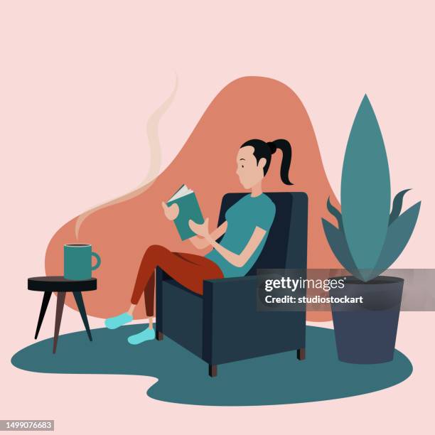 young girl reading a book at her home - library interior stock illustrations