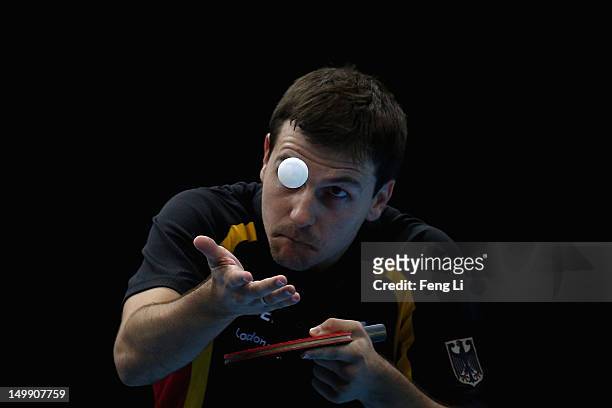 Timo Boll of Germany competes during Men's Team Table Tennis semifinal match against team of China on Day 10 of the London 2012 Olympic Games at...