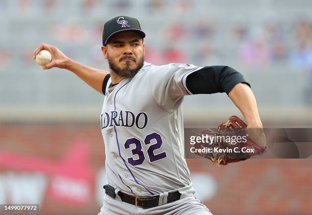 Dinelson Lamet of the Colorado Rockies pitches in the first inning against the Atlanta Braves at Truist Park on June 16, 2023 in Atlanta, Georgia.