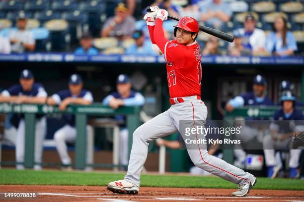 Shohei Ohtani of the Los Angeles Angels connects on a Kansas City Royals pitch for a double during the first inning at Kauffman Stadium on June 16,...