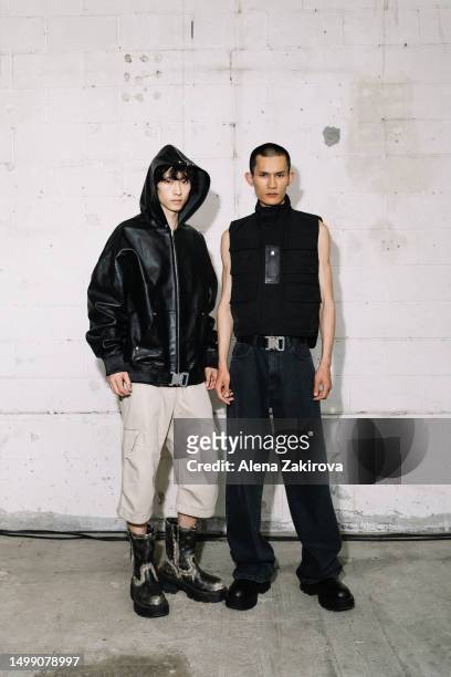 Model poses backstage at the 1017 ALYX 9SM Spring/Summer 2024 fashion show during the Milan Fashion Week menswear spring/summer 2024 on June 16, 2023...