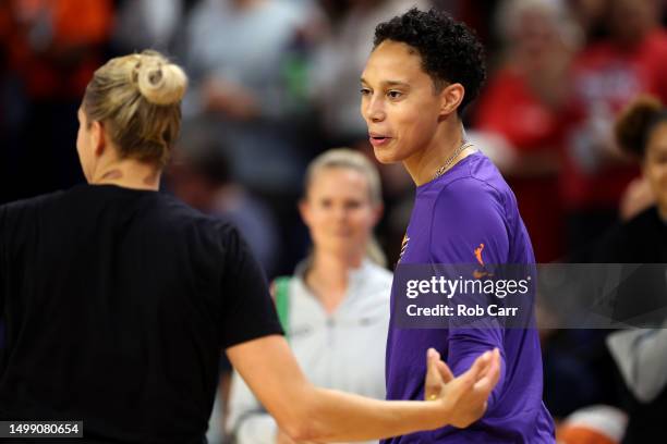 Elena Delle Donne of the Washington Mystics and Brittney Griner of the Phoenix Mercury greet each other before the start of their game at...