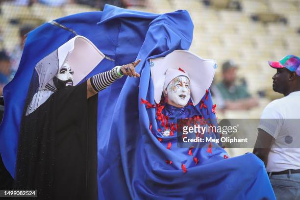 The Sisters of Perpetual Indulgence are recognized before the game between the Los Angeles Dodgers and the San Francisco Giants at Dodger Stadium on...