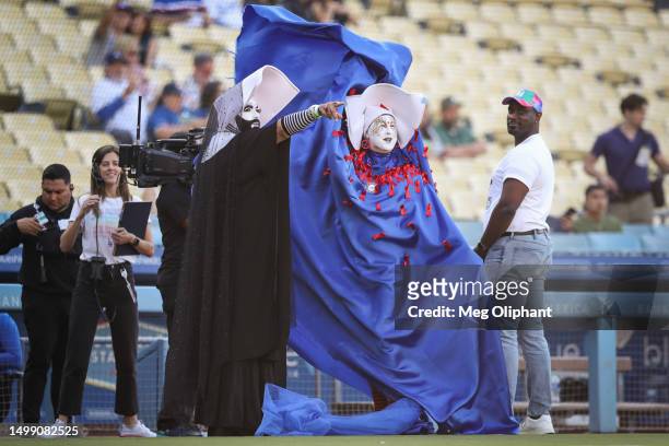 The Sisters of Perpetual Indulgence are recognized before the game between the Los Angeles Dodgers and the San Francisco Giants at Dodger Stadium on...