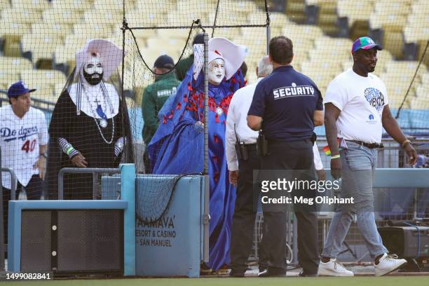 The Sisters of Perpetual Indulgence are brought onto the field for Pride Night before the game between the Los Angeles Dodgers and the San Francisco...