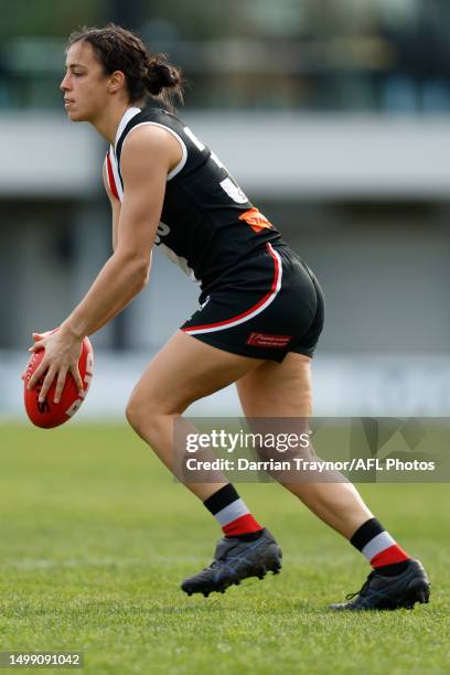 Ilena Gentile of the Southern Saints runs with the ball during the round 12 VFLW match between North Melbourne and Southern Saints at Trevor Barker...
