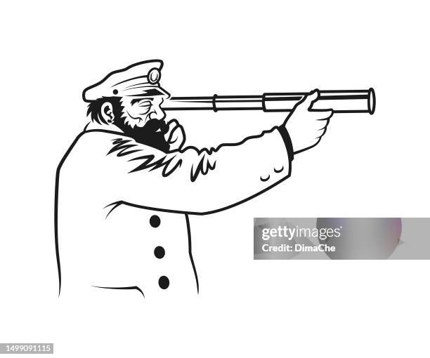 the sea captain looks through a spyglass - cut out outline silhouette - boat logo stock illustrations