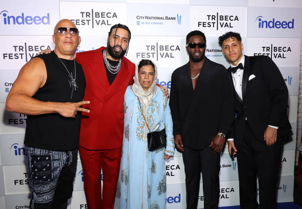 Vin Diesel, French Montana, Khadija Guled and Sean Combs attend the "For Khadija" Premiere during the 2023 Tribeca Festival at Beacon Theatre on June...
