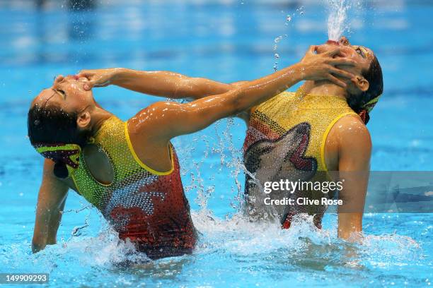 Isabel Delgado Plancarte and Nuria Diosdado Garcia of Mexico compete in the Women's Duets Synchronised Swimming Free Routine Preliminary on Day 10 of...