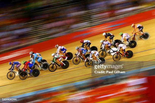 General action during the Women's Omnium Track Cycling 20km Points Race on Day 10 of the London 2012 Olympic Games at Velodrome on August 6, 2012 in...