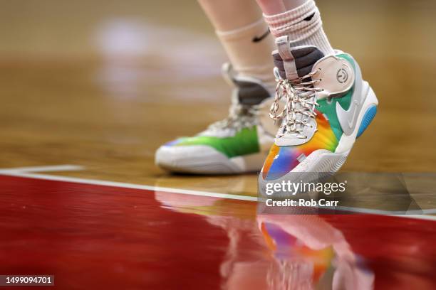 Detail of the shoes worn by forward Elena Delle Donne of the Washington Mystics in the second half against the Phoenix Mercury at Entertainment &...