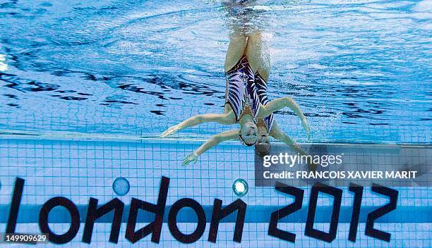 France's Chloe Willhelm and France's Sara Labrousse compete in the duets free routine preliminary round during the synchronised swimming competition...