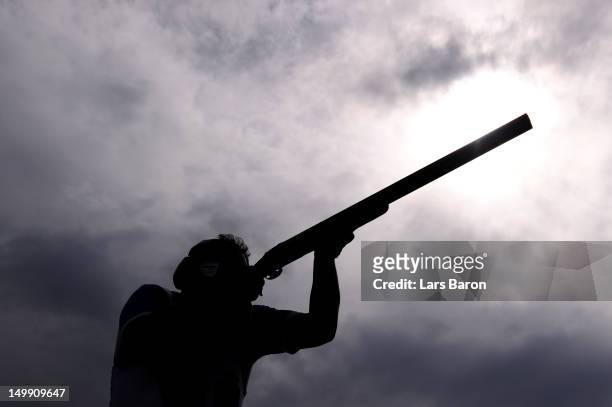 Massimo Fabbrizi of Italy competes in the Men's Trap Shooting Final on Day 10 of the London 2012 Olympic Games at the Royal Artillery Barracks on...
