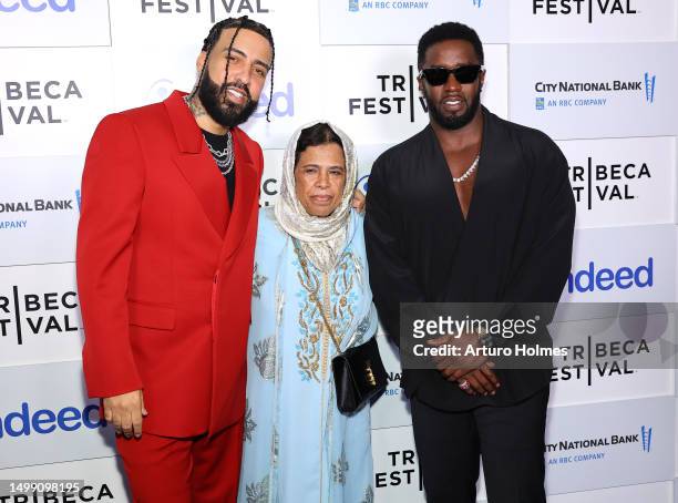 French Montana, Khadija Guled and Sean Combs attend the "For Khadija" Premiere during the 2023 Tribeca Festival at Beacon Theatre on June 16, 2023 in...