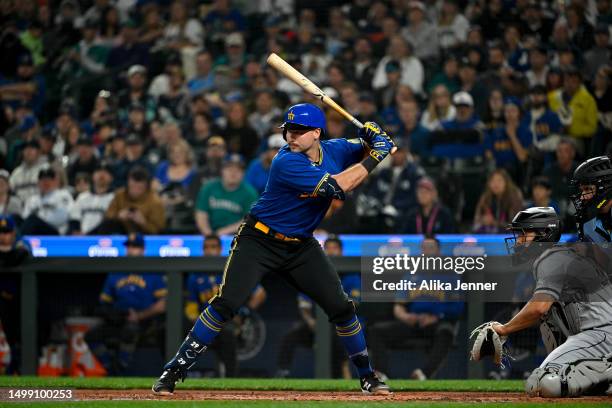 Cal Raleigh of the Seattle Mariners bats during the second inning against the Chicago White Sox at T-Mobile Park on June 16, 2023 in Seattle,...