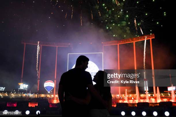 Fans watch fireworks on the field after the Kansas City Royals loss to the Los Angeles Angels at Kauffman Stadium on June 16, 2023 in Kansas City,...