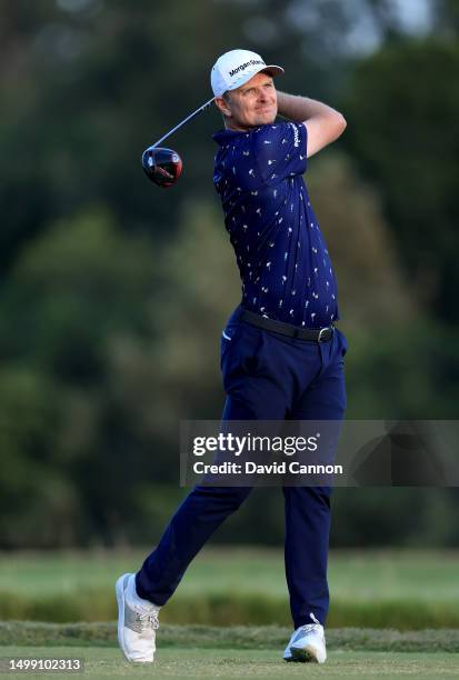 Justin Rose of England plays his tee shot on the 18th hole during the second round of the 123rd U.S. Open Championship at The Los Angeles Country...