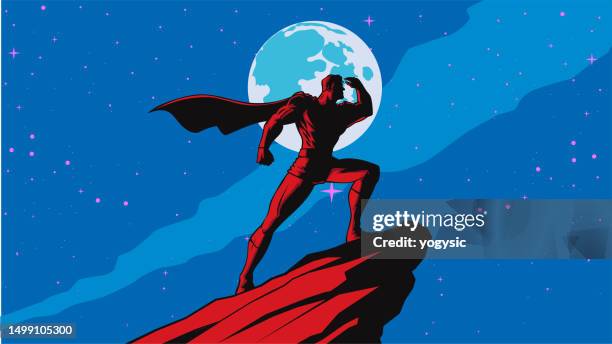 illustrations, cliparts, dessins animés et icônes de vector retro art déco silhouette de super-héros regardant au loin avec le ciel nocturne en arrière-plan illustration de stock - héros