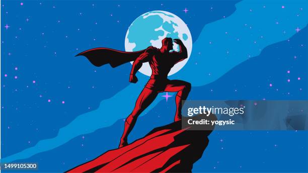 vector retro art deco superhero silhouette looking at far away  with night sky in the background stock illustration - superhero 幅插畫檔、美工圖案、卡通及圖標