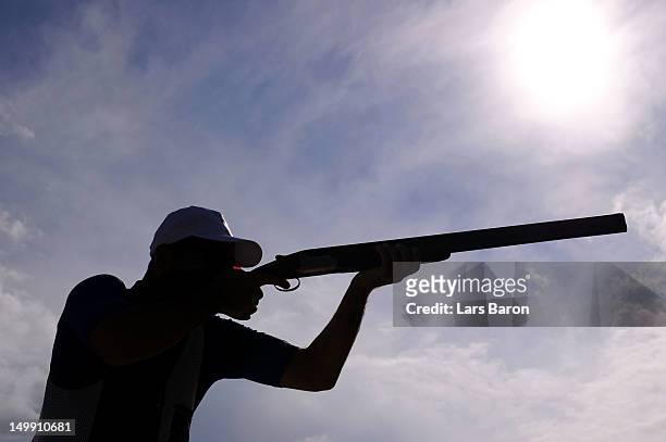 Anton Glasnovic of Croatia competes in the Men's Trap Shooting Final on Day 10 of the London 2012 Olympic Games at the Royal Artillery Barracks on...