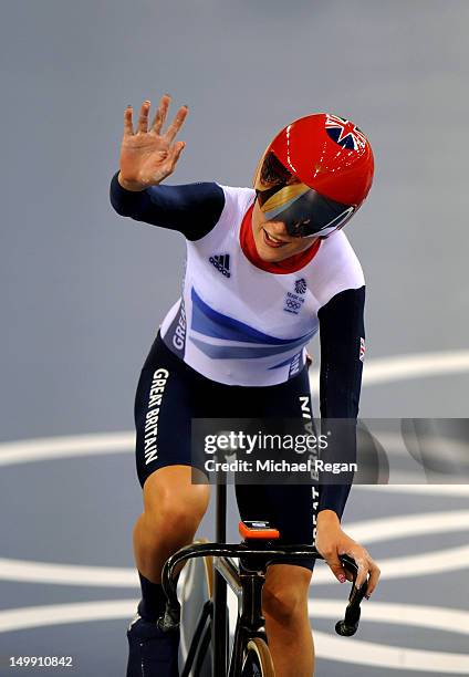 Laura Trott of Great Britain in celebrates winning the Women's Omnium Track Cycling Elimination Race on Day 10 of the London 2012 Olympic Games at...