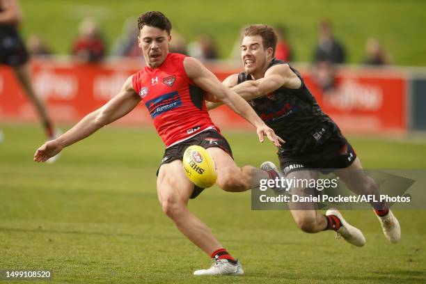 Massimo D'Ambrosio of the Bombers kicks the ball under pressure from Zach Merrett of the Bombers during an Essendon Bombers AFLW & AFL training...