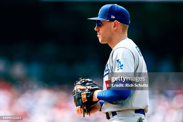 Freddie Freeman of the Los Angeles Dodgers in action against the Philadelphia Phillies during a game at Citizens Bank Park on June 11, 2023 in...