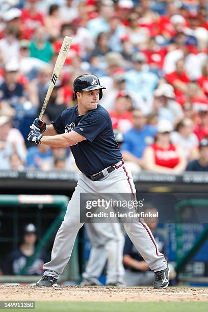 Matt Diaz of the Atlanta Braves bats during the game against the Philadelphia Phillies at Citizens Bank Park on July 8, 2012 in Philadelphia,...