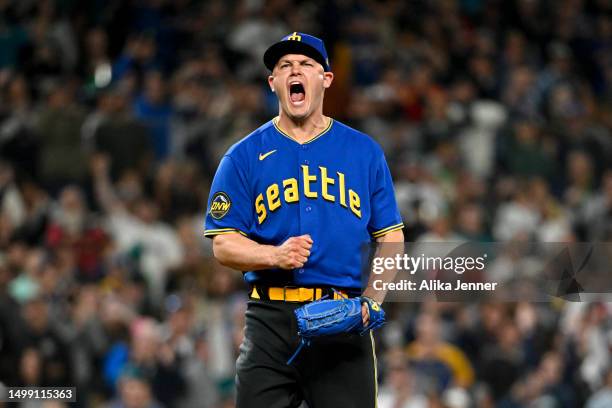Paul Sewald of the Seattle Mariners reacts after defeating the Chicago White Sox 3-2 at T-Mobile Park on June 16, 2023 in Seattle, Washington.
