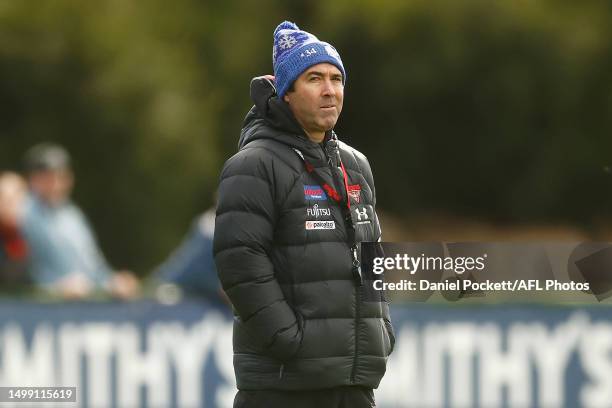 Bombers head coach Brad Scott looks on during an Essendon Bombers AFLW & AFL training session at The Hangar on June 17, 2023 in Melbourne, Australia.