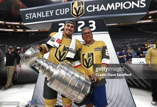 Zach Whitecloud of the Vegas Golden Knights poses for a photo with the Stanley Cup after Game Five of the 2023 NHL Stanley Cup Final between the...