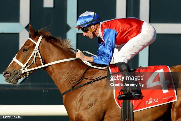 Nash Rawiller riding Vienna Princess wins Race 8 Fujitsu Airstage during "W.J McKell Cup Day" - Sydney Racing at Rosehill Gardens on June 17, 2023 in...