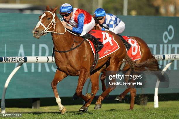 Nash Rawiller riding Vienna Princess wins Race 8 Fujitsu Airstage during "W.J McKell Cup Day" - Sydney Racing at Rosehill Gardens on June 17, 2023 in...