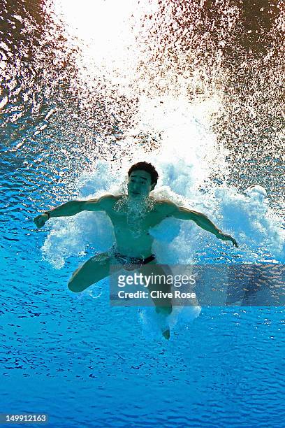 Kai Qin of China competes in the Men's 3m Springboard Diving Preliminary on Day 10 of the London 2012 Olympic Games at the Aquatics Centre on August...