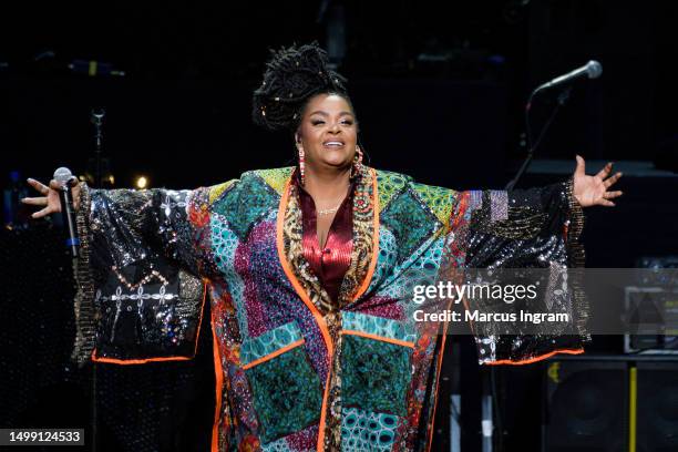 Singer Jill Scott performs on stage during the "Who is Jill Scott?" tour at Smart Financial Centre on June 16, 2023 in Sugar Land, Texas.