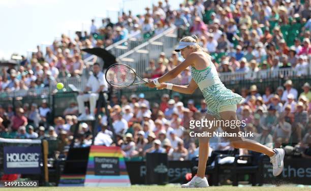 Katie Boulter of Great Britain plays against Harriet Dart of Great Britain during the Rothesay Open at Nottingham Tennis Centre on June 16, 2023 in...