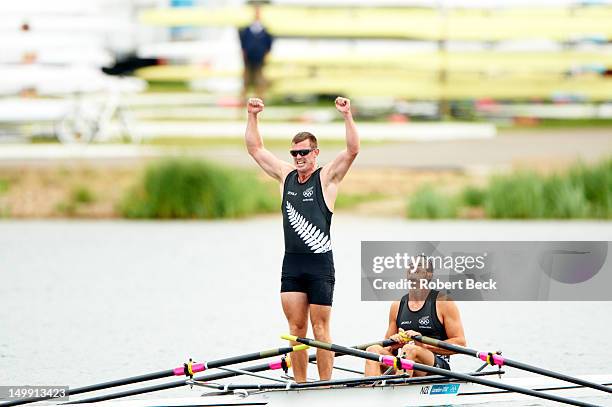 Summer Olympics: New Zealand Joseph Sullivan, stroke and Nathan Cohen, bow victorious during Men's Double Sculls at Eton Dorney. Team New Zealand...