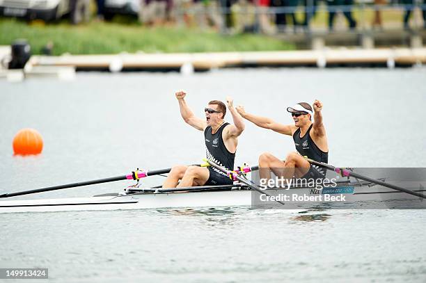 Summer Olympics: New Zealand Joseph Sullivan, stroke and Nathan Cohen, bow victorious during Men's Double Sculls at Eton Dorney. Team New Zealand...