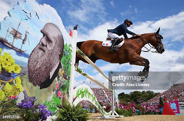 Rider from France competes in the 3rd Qualifier of Individual Jumping on Day 10 of the London 2012 Olympic Games at Greenwich Park on August 6, 2012...