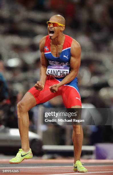 Felix Sanchez of Dominican Republic celebrates after winning the gold medal in the Men's 400m Hurdles final on Day 10 of the London 2012 Olympic...