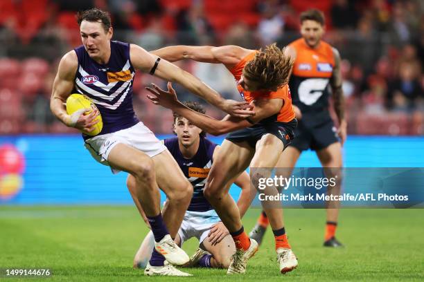 Brennan Cox of the Dockers in action during the round 14 AFL match between Greater Western Sydney Giants and Fremantle Dockers at GIANTS Stadium, on...