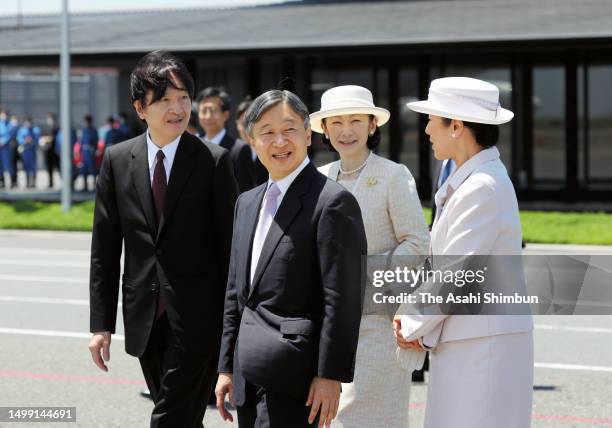 Emperor Naruhito and Empress Masako talk with Crown Prince Fumihito, Crown Prince Akishino and Crown Princess Kiko of Akishino on departure for...
