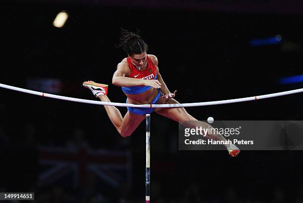 Elena Isinbaeva of Russia competes in the Women's Pole Vault final on Day 10 of the London 2012 Olympic Games at the Olympic Stadium on August 6,...