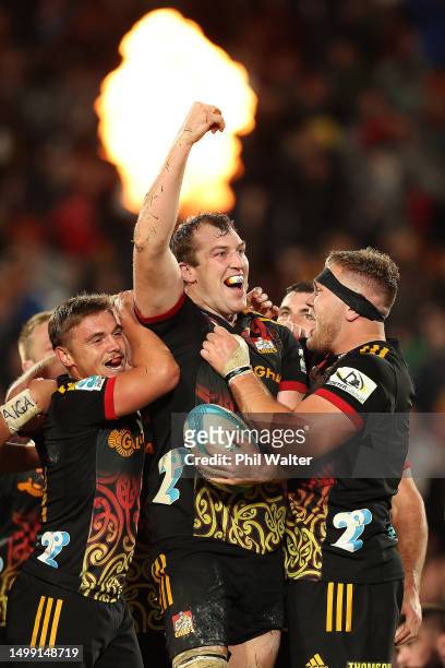 Brodie Retallick of the Chiefs celebrates his try during the Super Rugby Pacific Semi Final match between Chiefs and Brumbies at FMG Stadium Waikato,...