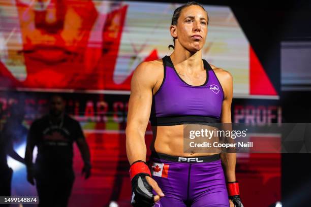 Julia Budd walks to the cage before fighting Martina Jindrova during PFL 2023 week 5 at OTE Arena on June 16, 2023 in Atlanta, Georgia.