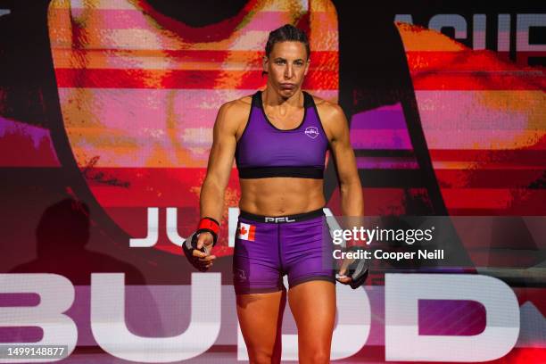 Julia Budd walks to the cage before fighting Martina Jindrova during PFL 2023 week 5 at OTE Arena on June 16, 2023 in Atlanta, Georgia.