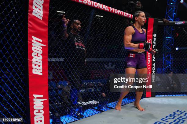 Julia Budd looks on before fighting Martina Jindrova during PFL 2023 week 5 at OTE Arena on June 16, 2023 in Atlanta, Georgia.