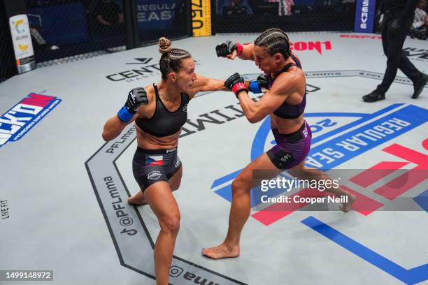 Martina Jindrova throws a punch against Julia Budd during PFL 2023 week 5 at OTE Arena on June 16, 2023 in Atlanta, Georgia.