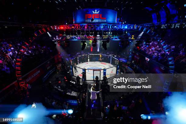 Francis Ngannou walks to the cage during PFL 2023 week 5 at OTE Arena on June 16, 2023 in Atlanta, Georgia.